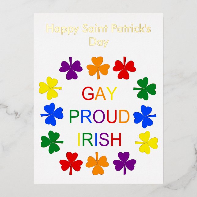 Gay Proud Irish LGBT Rainbow Shamrocks Custom Foil Holiday Postcard (Front)