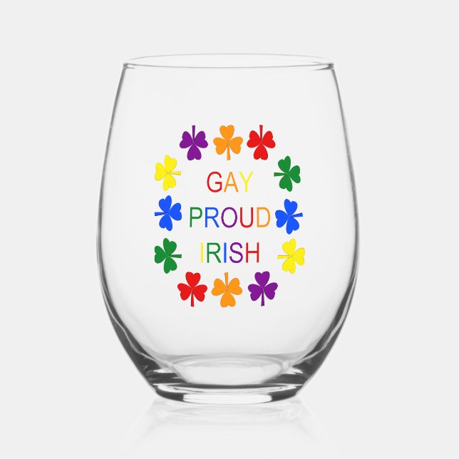 Gay Proud Irish LGBT Rainbow Shamrocks Stemless Wine Glass (Front)
