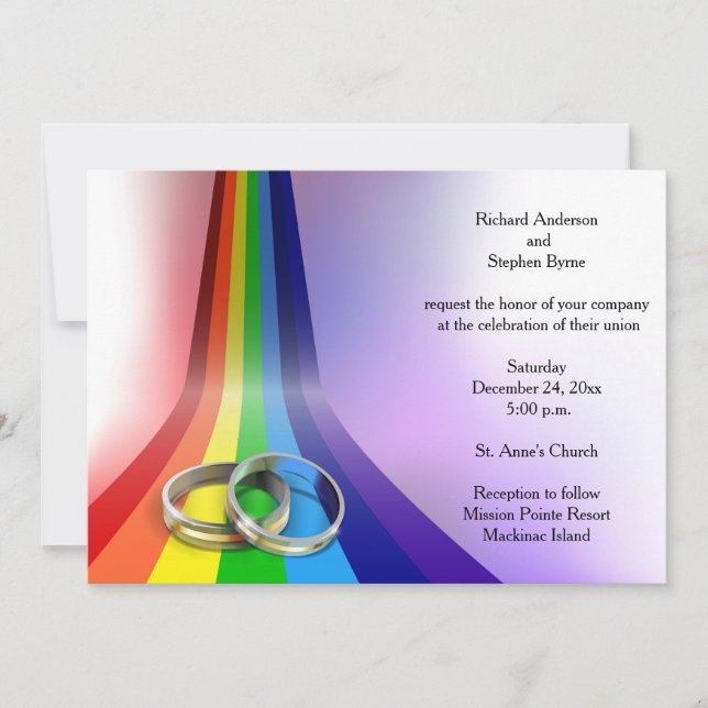 Gay Rainbow and Rings Wedding Invitation (Front)