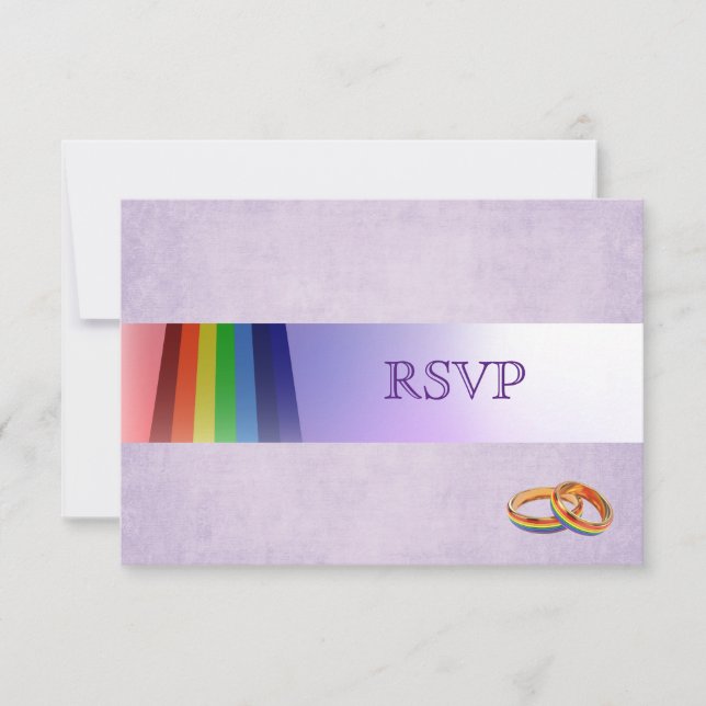 Gay Rainbow and Rings Wedding RSVP Card (Front)