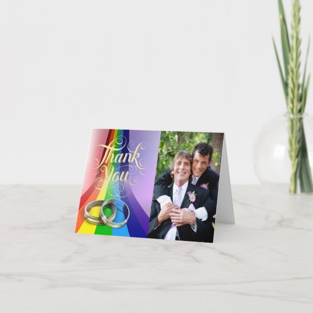 Gay Rainbow and Rings Wedding Thank You Card (Front)