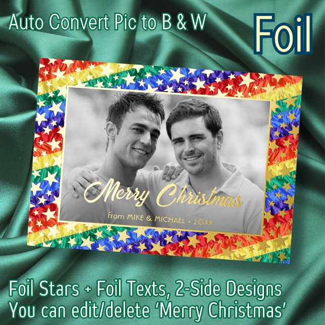 Gay Rainbow Flag Gold Star Elegant Black and White Foil Holiday Card (Creator Uploaded)