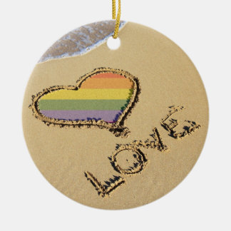 Gay Rainbow Love Heart In The Sand Ceramic Tree Decoration