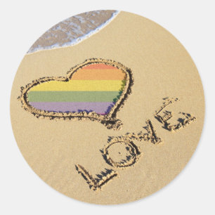 Gay Rainbow Love Heart In The Sand Classic Round Sticker