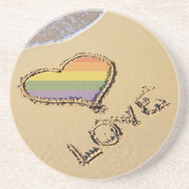 Gay Rainbow Love Heart In The Sand Coaster (Front)