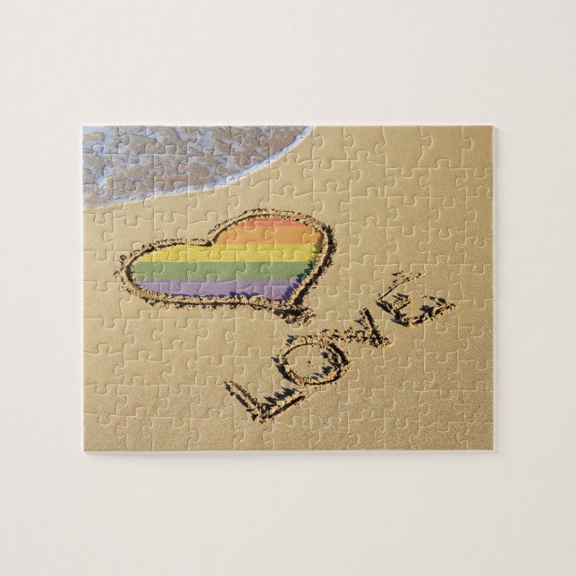 Gay Rainbow Love Heart In The Sand Jigsaw Puzzle (Horizontal)