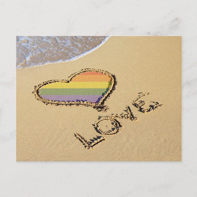 Gay Rainbow Love Heart In The Sand Postcard (Front)