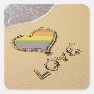 Gay Rainbow Love Heart In The Sand Square Sticker