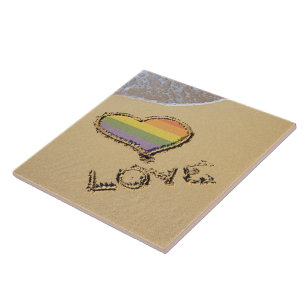 Gay Rainbow Love Heart In The Sand Tile