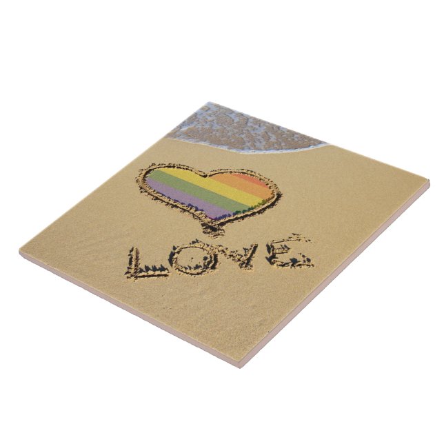Gay Rainbow Love Heart In The Sand Tile (Side)