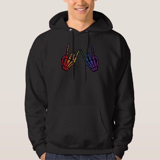 Gay Rocker Skeleton Hands Rainbow Pride Lgbt Rock  Hoodie (Front)