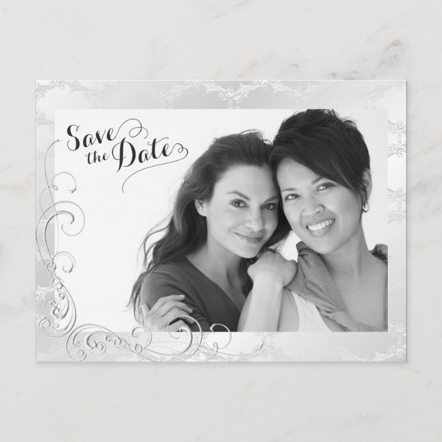 Gay Silver Damask Wedding Photo Save the Date Announcement Postcard (Front)