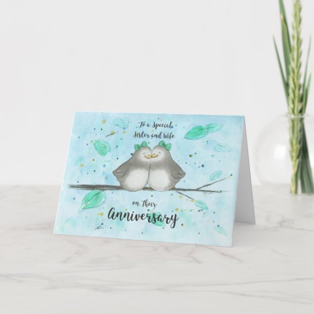 Gay Sister & Wife Anniversary Cute Lovebirds  Card (Front)