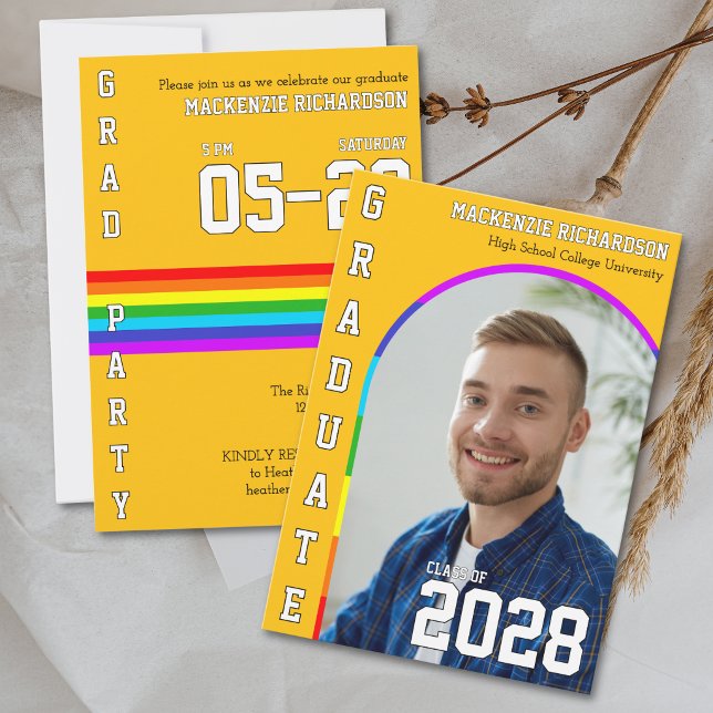 Gay Student Pride Rainbow Yellow Graduation Party Invitation (Creator Uploaded)