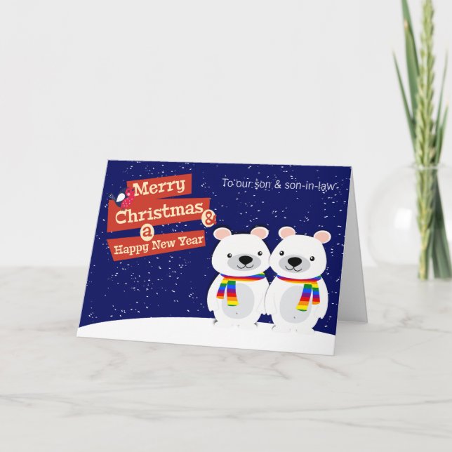 Gay Themed Christmas Polar Bears Personalised Holiday Card (Front)
