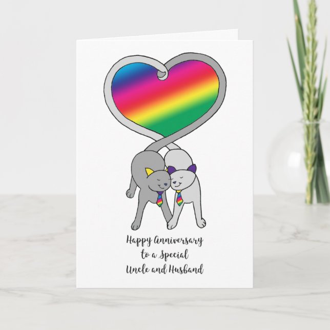 Gay Uncle & Husband Anniversary Rainbow Cats Card (Front)