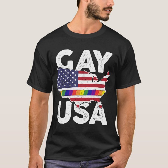 Gay USA American LGBT Pride Rainbow Flag March Ral T-Shirt (Front)