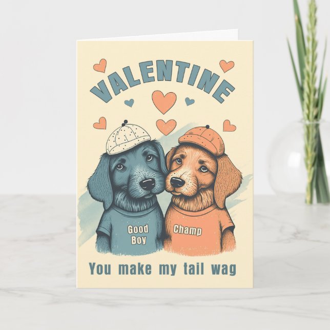 Gay Valentine Cute Male Dogs in Blue and Brown Holiday Card (Front)