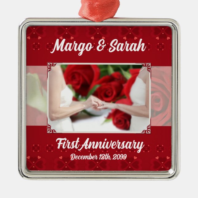 Gay Wedding 1st Anniversary Red Roses Metal Tree Decoration (Front)
