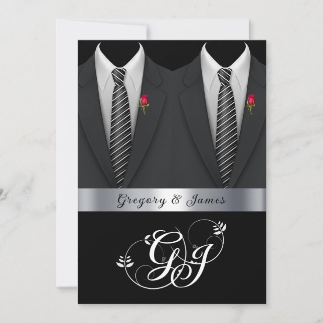 Gay Wedding Black Tuxedos Red Roses   Invitation (Front)