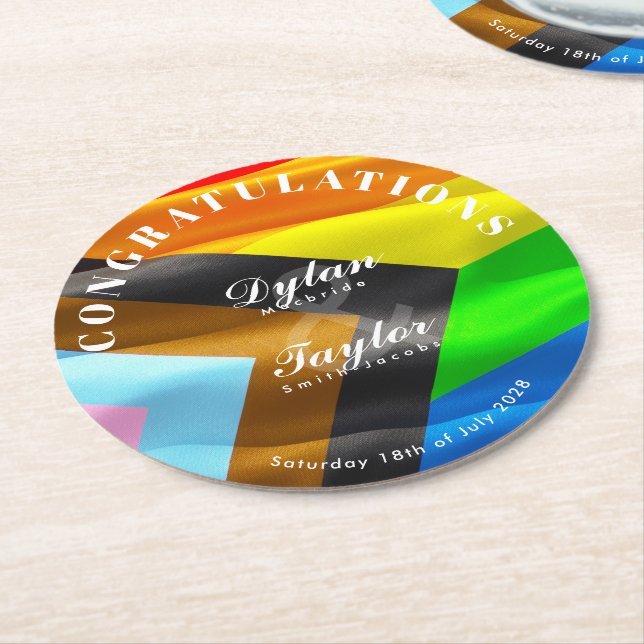 Gay Wedding Congratulations Pride Flag Typography Round Paper Coaster (Angled)