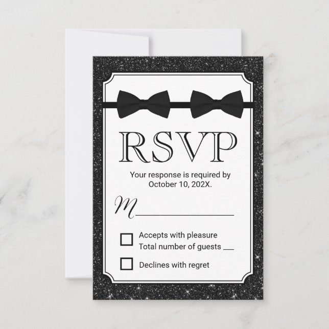 Gay Wedding Double Bow Ties Black Glitter RSVP Card (Front)