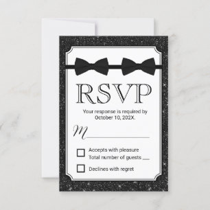 Gay Wedding Double Bow Ties Black Glitter RSVP Card