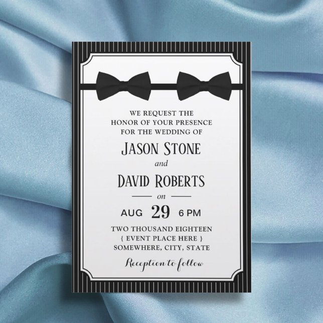 Gay Wedding Double Bow Ties Classy Black Invitation (Creator Uploaded)
