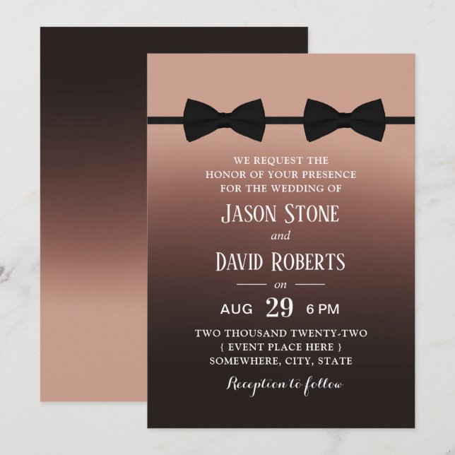 Gay Wedding Double Bow Ties Elegant Brown Ombre Invitation (Front/Back)