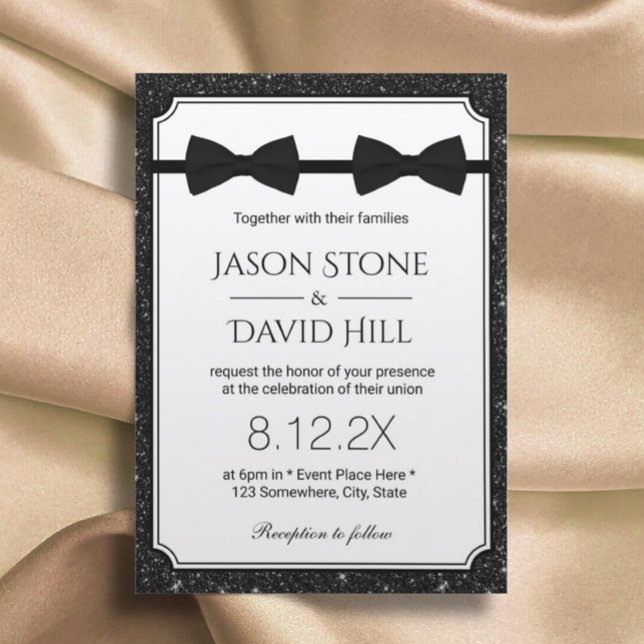 Gay Wedding Double Bow Ties Modern Black Glitter Invitation (Creator Uploaded)