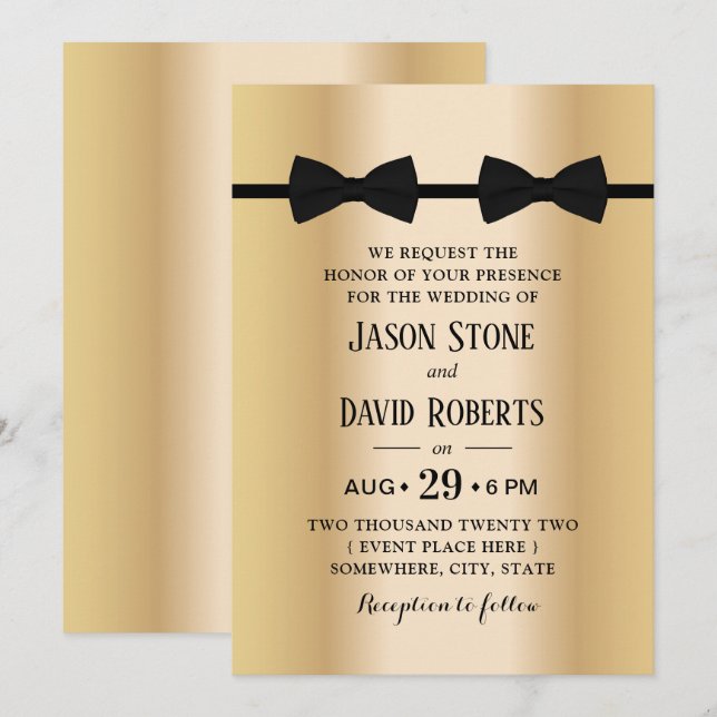 Gay Wedding Double Bow Ties Modern Gold Invitation (Front/Back)
