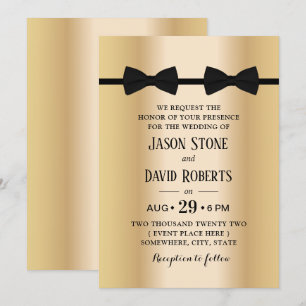 Gay Wedding Double Bow Ties Modern Gold Invitation