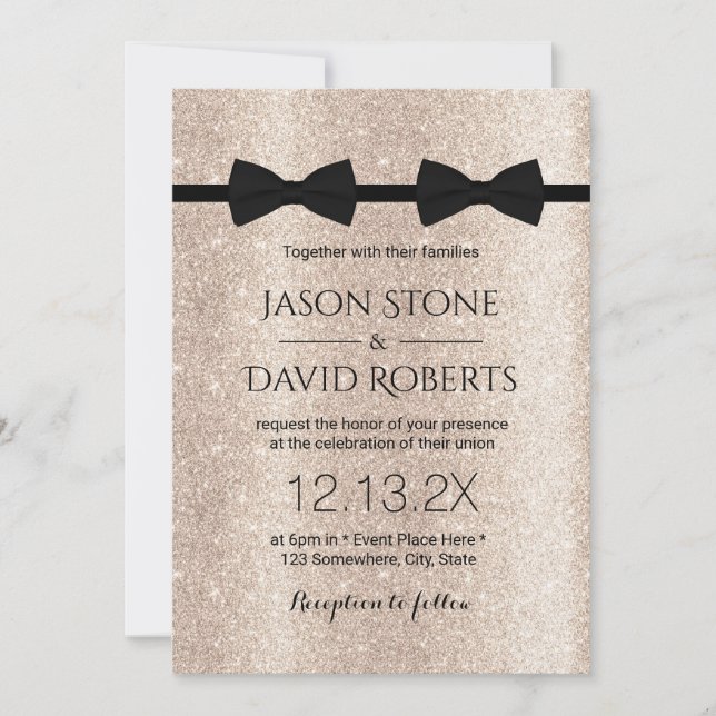 Gay Wedding Double Bow Ties Modern Ivory Gold Invitation (Front)