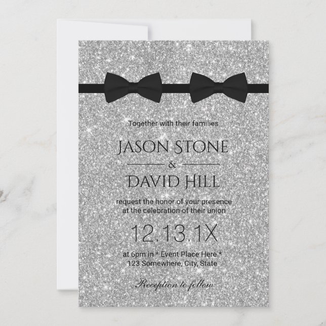 Gay Wedding Double Bow Ties Modern Silver Glitter Invitation (Front)