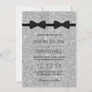Gay Wedding Double Bow Ties Modern Silver Glitter Invitation