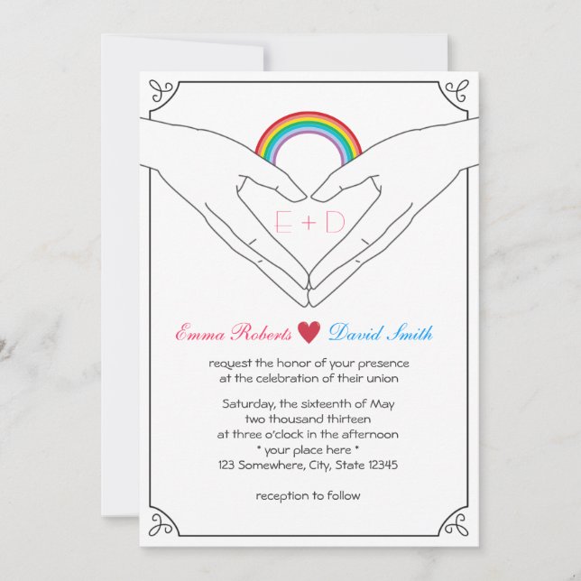 Gay Wedding Elegant Hand Heart & Rainbow  Invitation (Front)
