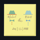 Gay Wedding Favor Magnet<br><div class="desc">Simple,  modern,  colorful pastel,  unique gay wedding favor magnet,  with names and chic cartoon hats and bow ties.</div>