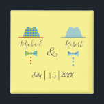 Gay Wedding Favor Magnet<br><div class="desc">Simple,  modern,  colorful pastel,  unique gay wedding favor magnet,  with names and chic cartoon hats and bow ties.</div>