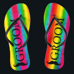Gay Wedding Groom Moustache Rainbow Stripes Custom Flip Flops<br><div class="desc">Customise it to change groom to any text,  ie: best man,  groomsman,  that suits you or delete the text if not needed. Fully customisable.</div>