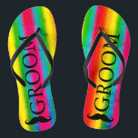 Gay Wedding Groom Moustache Rainbow Stripes Custom Flip Flops<br><div class="desc">Customise it to change groom to any text,  ie: best man,  groomsman,  that suits you or delete the text if not needed. Fully customisable.</div>