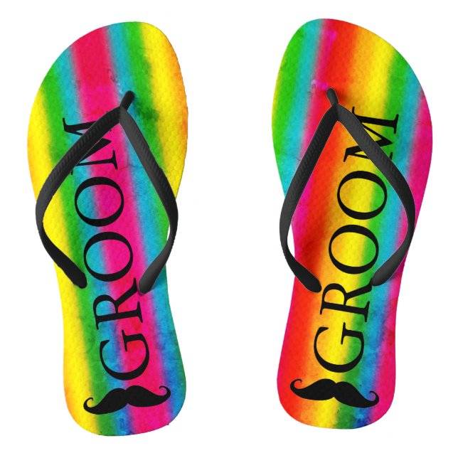 Gay Wedding Groom Moustache Rainbow Stripes Custom Flip Flops (Footbed)