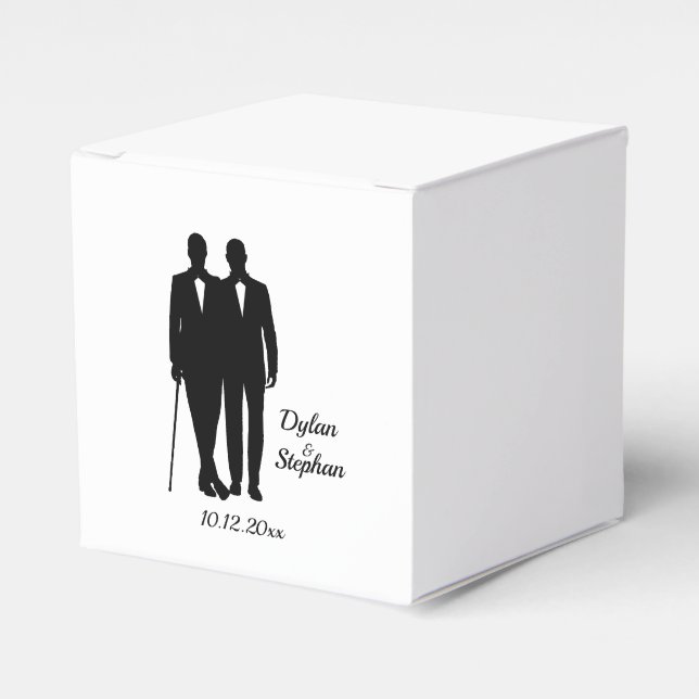 Gay Wedding Grooms with Names and Date Favour Box (Front Side)