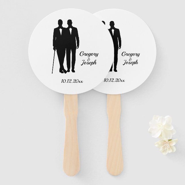 Gay Wedding Grooms with Names and Date Hand Fan (Front and Back)