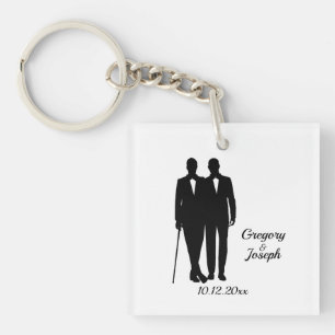 Gay Wedding Grooms with Names and Date Key Ring