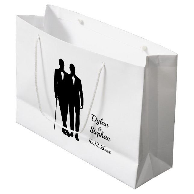 Gay Wedding Grooms with Names and Date Large Gift Bag (Front Angled)