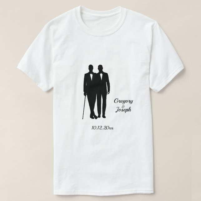 Gay Wedding Grooms with Names and Date T-Shirt (Design Front)
