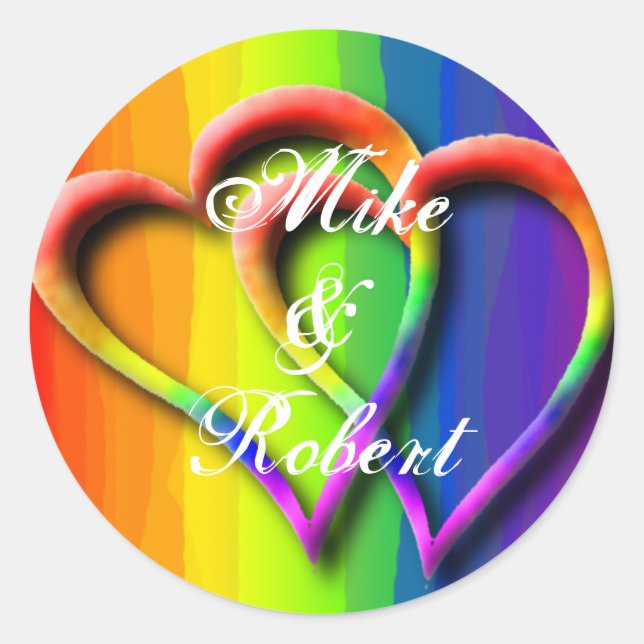 Gay Wedding Hearts LGBT Custom Personalised Names Classic Round Sticker (Front)
