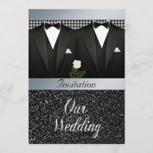 Gay Wedding Invitation with Tuxedo and White Rose