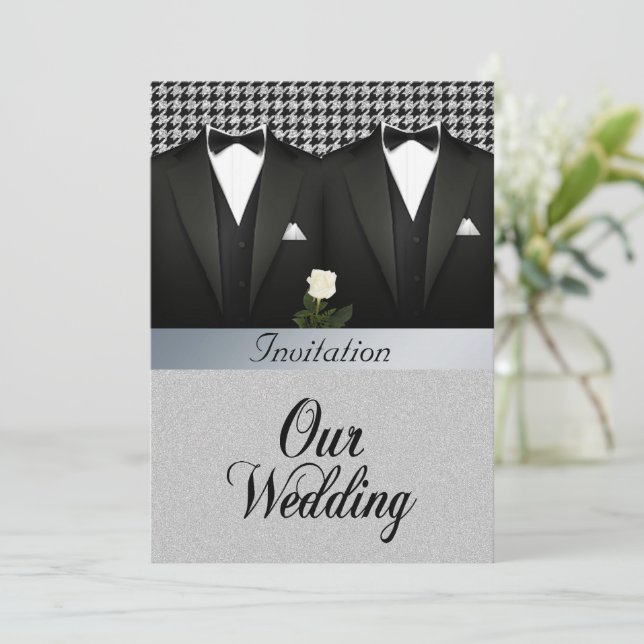 Gay Wedding Invitation with Tuxedo and White Rose (Standing Front)