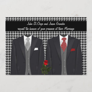Gay Wedding Invitation with Two Tuxedos and Rose
